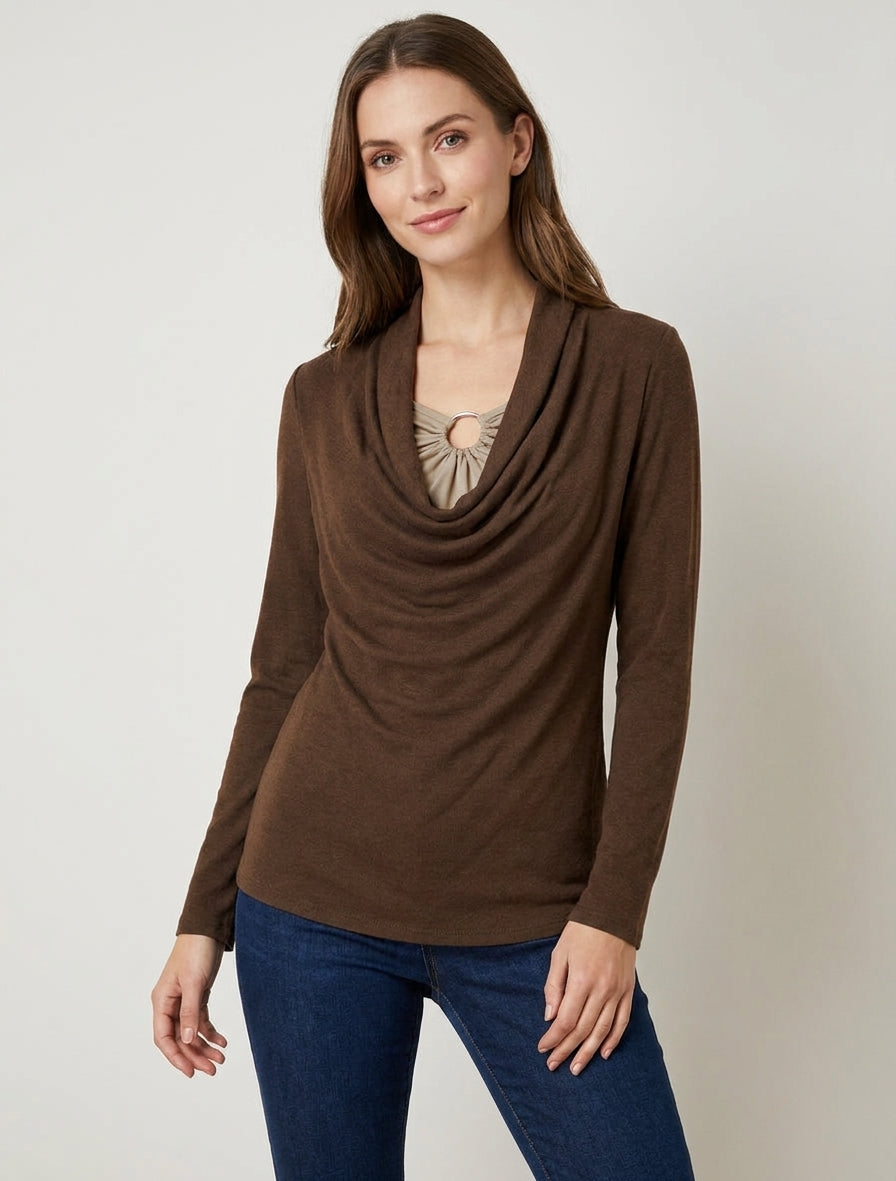Jersey recto efecto doble con cuello drapeado y joya - Marrón/beige