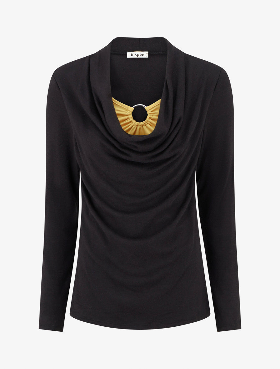 Pull droit effet doublé à col bénitier et bijou - Noir/moutarde - 1