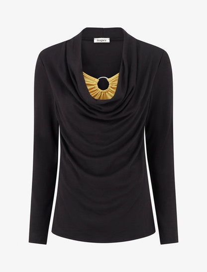 Pull droit effet doublé à col bénitier et bijou - Noir/moutarde - 1