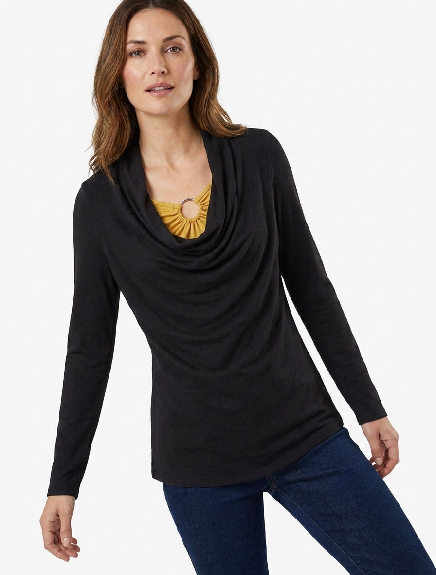 Jersey recto efecto doble con cuello drapeado y joya - Negro/mostaza
