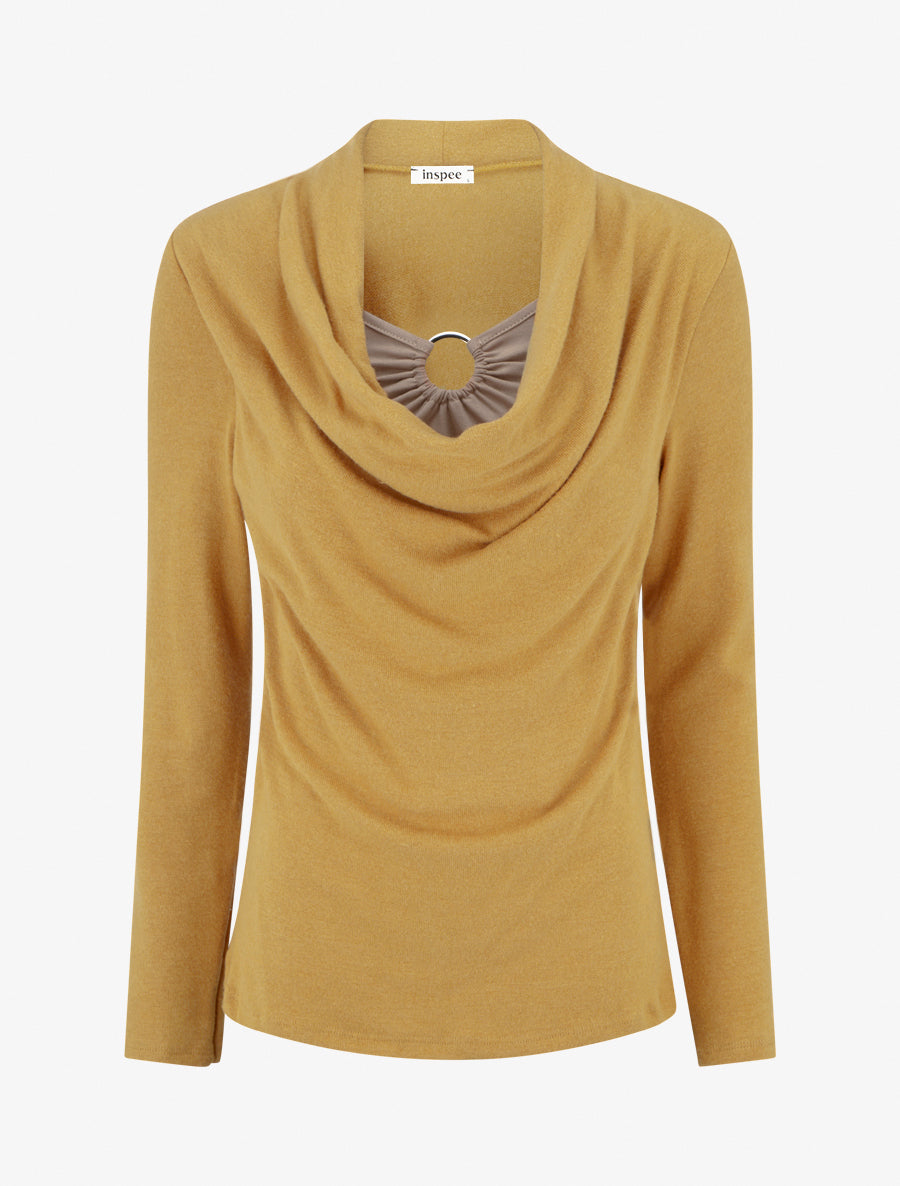 Pull droit effet doublé à col bénitier et bijou - Moutarde/beige - 1
