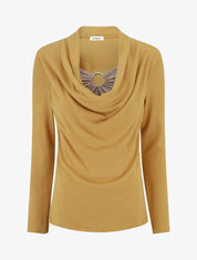 Pull droit effet doublé à col bénitier et bijou - Moutarde/beige - 1