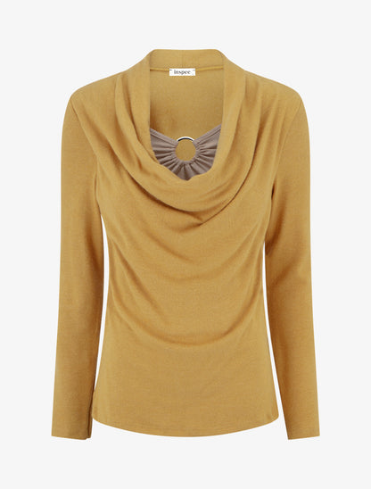 Pull droit effet doublé à col bénitier et bijou - Moutarde/beige - 1