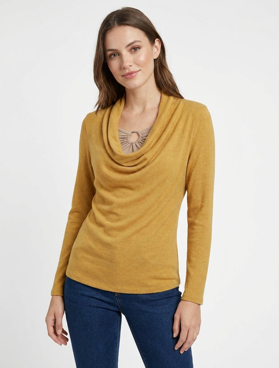 Jersey recto efecto doble con cuello drapeado y joya - Mostaza/beige