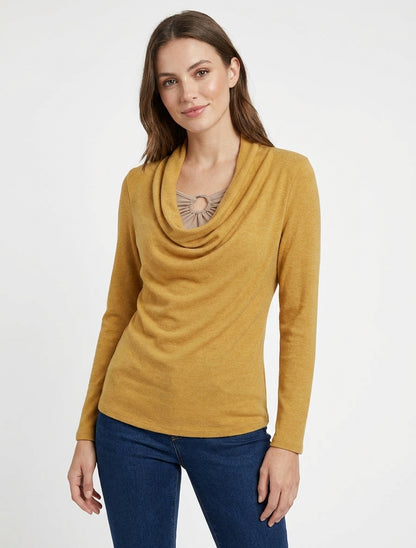 Jersey recto efecto doble con cuello drapeado y joya - Mostaza/beige