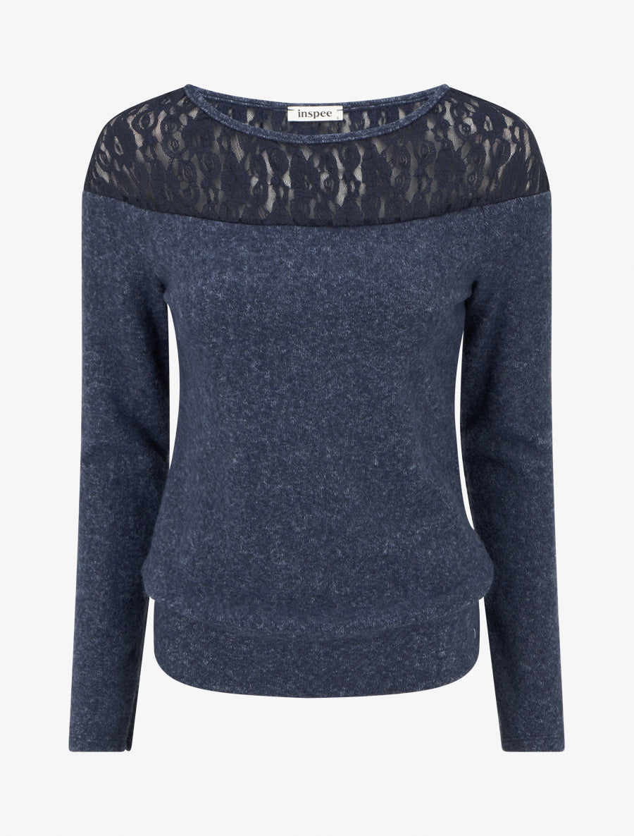 Pull duveteux droit à col rond et empiècement dentelle - Marine - 1