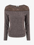 Pull duveteux droit à col rond et empiècement dentelle - Marron - 1