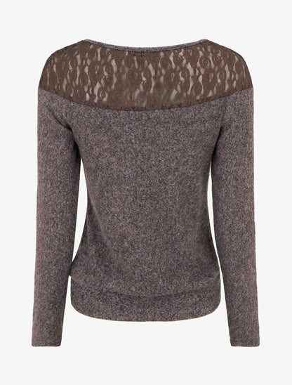 Pull duveteux droit à col rond et empiècement dentelle - Marron - 2