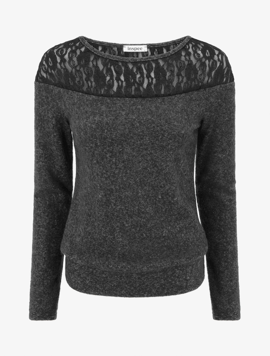 Pull duveteux droit à col rond et empiècement dentelle - Gris foncé - 1