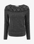 Pull duveteux droit à col rond et empiècement dentelle - Gris foncé - 1