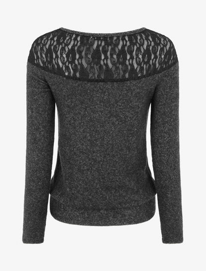 Pull duveteux droit à col rond et empiècement dentelle - Gris foncé - 2
