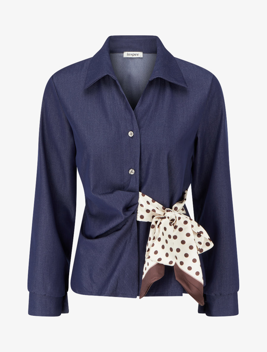 Chemisier ajusté à noeud imprimé pois - Bleu denim - 1