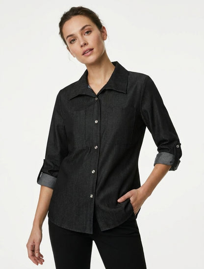 Camisa recta básica con bolsillos de parche - Negro