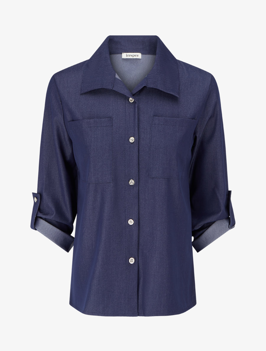 Chemise droite basique à poches plaquées - Bleu denim - 1