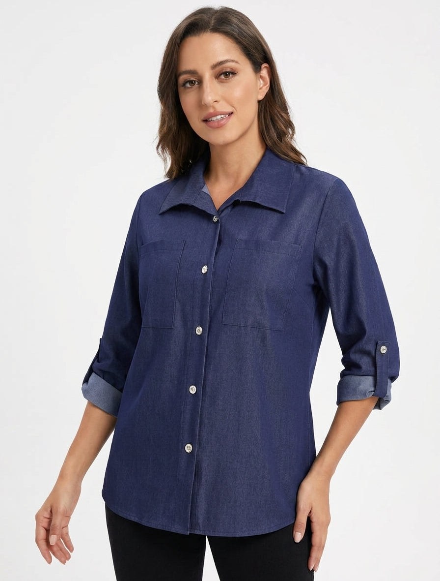 Camisa recta básica con bolsillos de parche - Azul denim