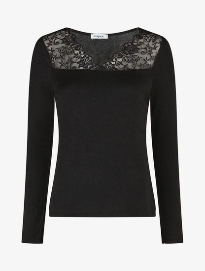 Pull fin à encolure carrée empiècement dentelle - Noir - 1