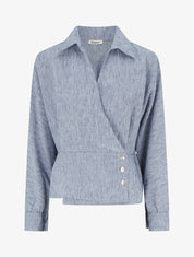 Blouse élastiquée à col cache-coeur - Bleu chiné - 1
