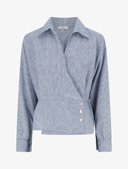 Blouse élastiquée à col cache-coeur - Bleu chiné - 1