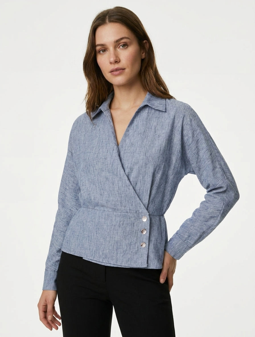 Blusa elástica con cuello cruzado - Azul jaspeado