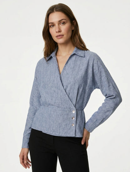 Blusa elástica con cuello cruzado - Azul jaspeado