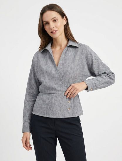 Blusa elástica con cuello cruzado - Negro jaspeado