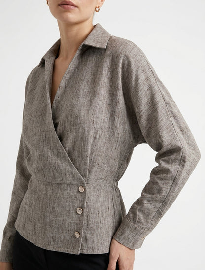 Blusa elástica con cuello cruzado - Marrón jaspeado