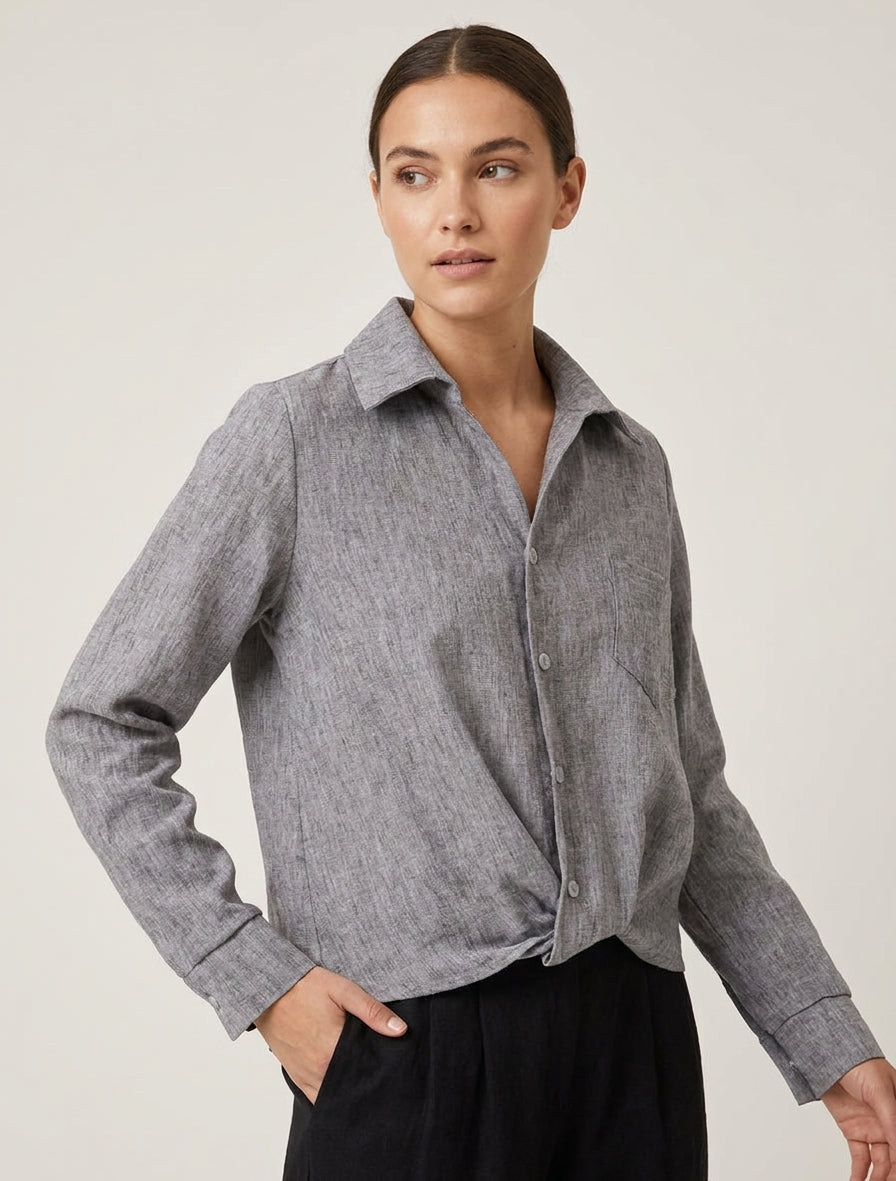 Blusa holgada de manga larga con bolsillo de parche - Gris