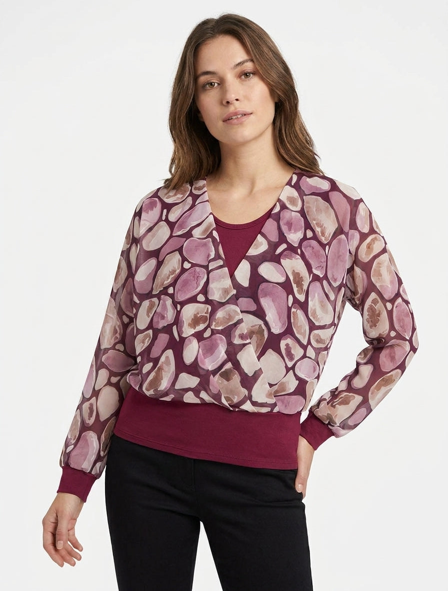 Top de voile estampado con guijarros y cuello cruzado - Color vino