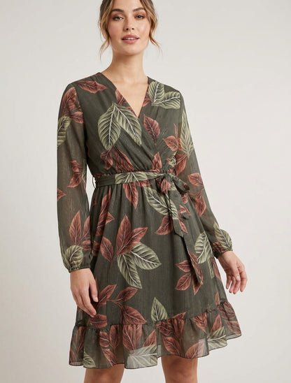 Vestido irisado con estampado de hojas y bordes con volantes - Caqui