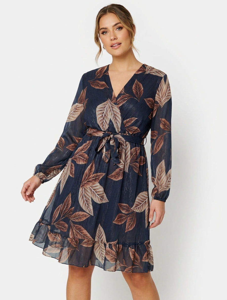 Vestido irisado con estampado de hojas y bordes con volantes - Azul noche
