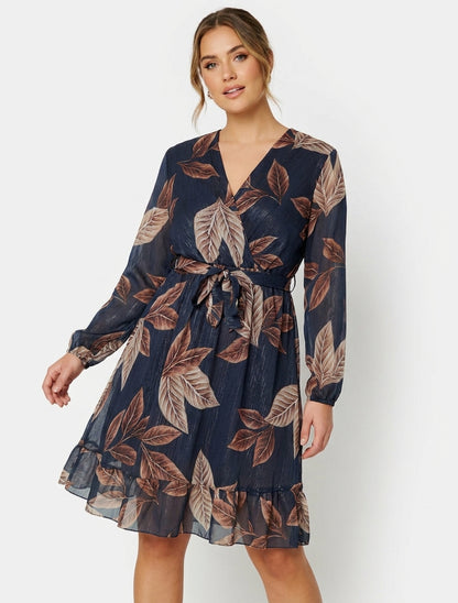 Vestido irisado con estampado de hojas y bordes con volantes - Azul noche