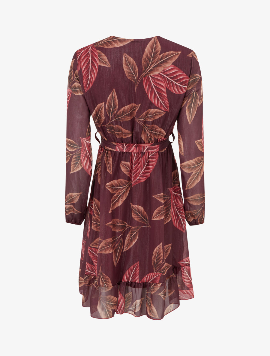 Robe irisée à imprimé feuilles et bords volantés - Lie de vin - 2