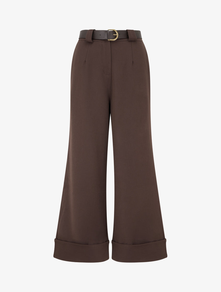 Pantalon taille haute à revers - Marron - 1