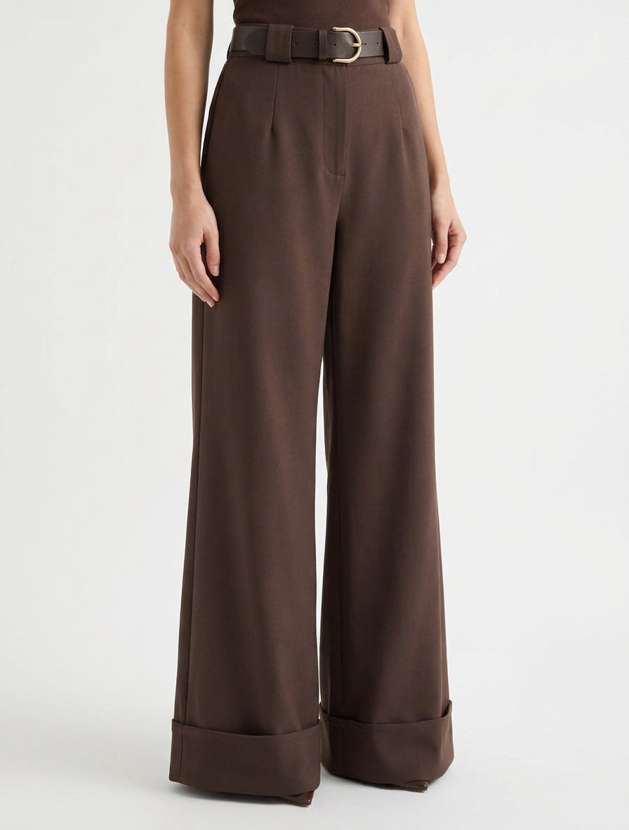 Pantalón de talle alto con dobladillo - Marrón