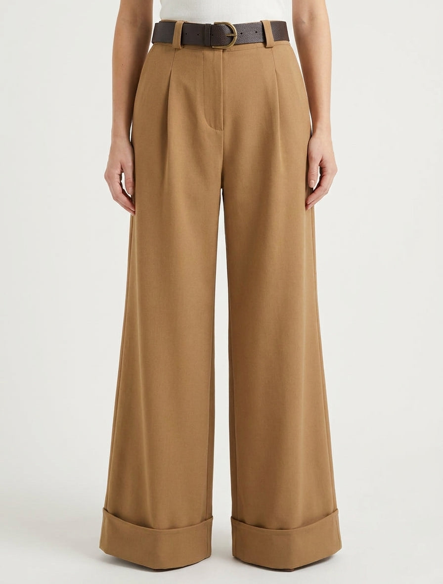 Pantalón de talle alto con dobladillo - Camello