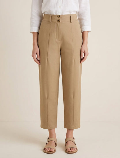 Pantalón liso con cierre de botones - Camello claro