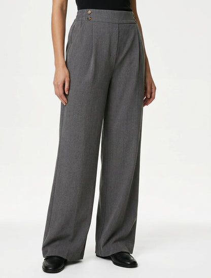 Pantalón ancho de cintura alta con botones - Gris