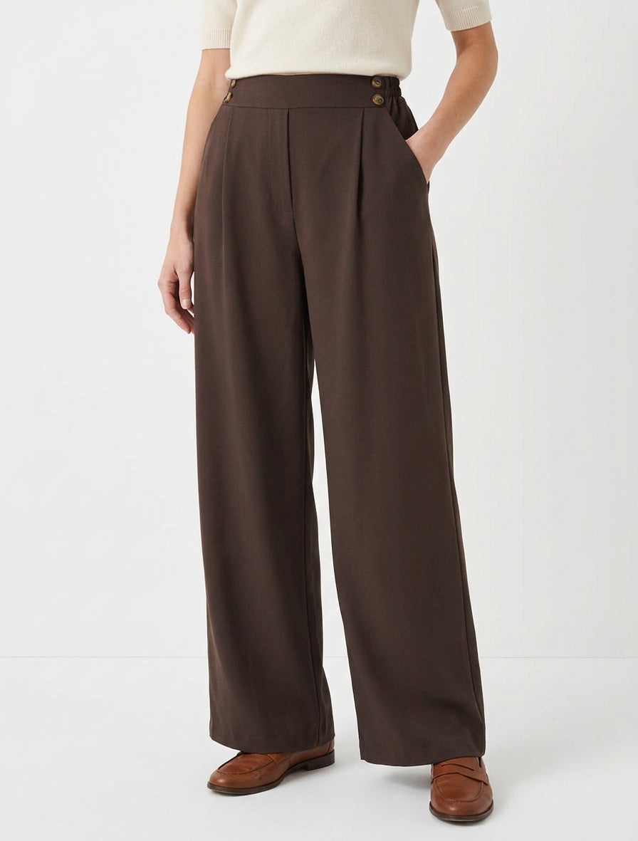 Pantalón ancho de cintura alta con botones - Marrón