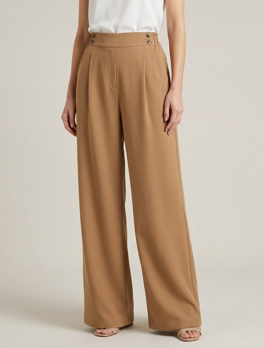 Pantalón ancho de cintura alta con botones - Camello