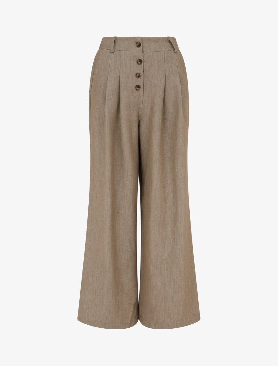 Pantalon ample à taille haute élastiquée et boutonnée - Taupe - 1