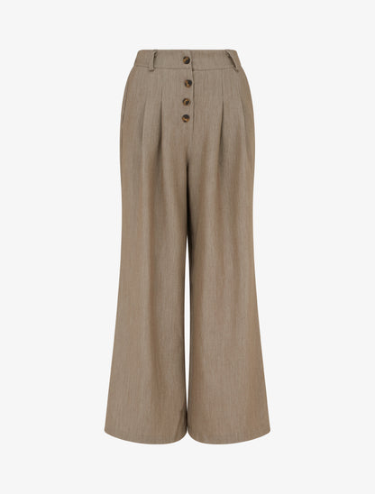 Pantalon ample à taille haute élastiquée et boutonnée - Taupe - 1