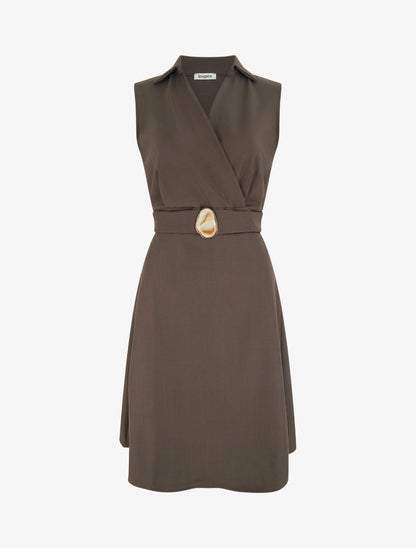 Robe patineuse sans manches à ceinture bijou - Marron - 1