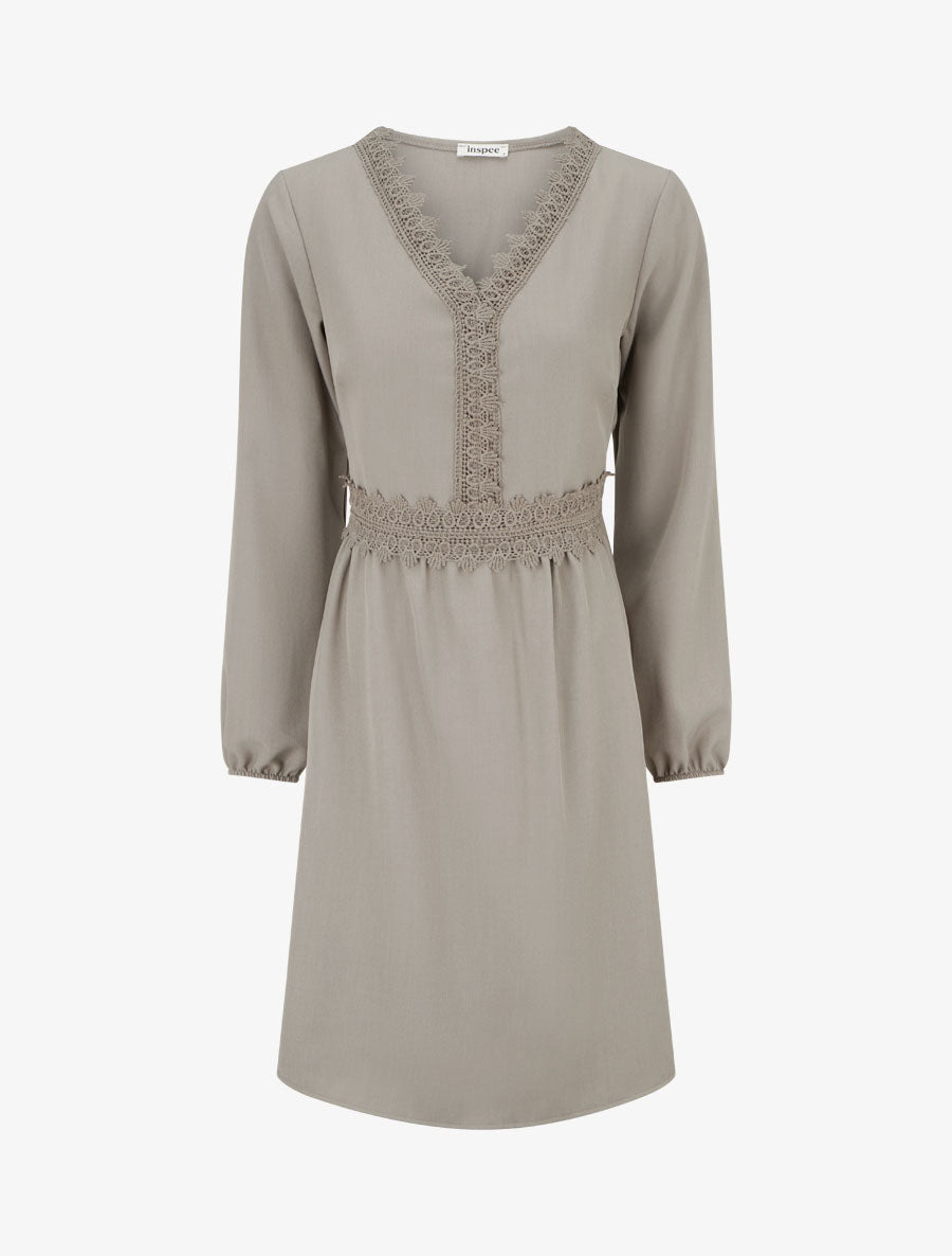 Robe évasée unie à manches longues et dentelle - Taupe - 1