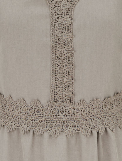 Robe évasée unie à manches longues et dentelle - Taupe - 3