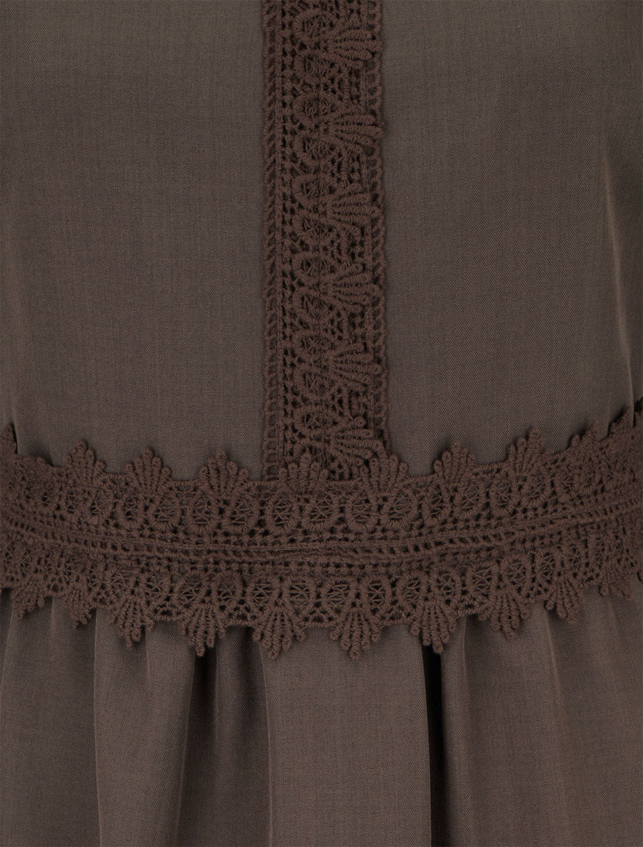 Robe évasée unie à manches longues et dentelle - Marron - 3