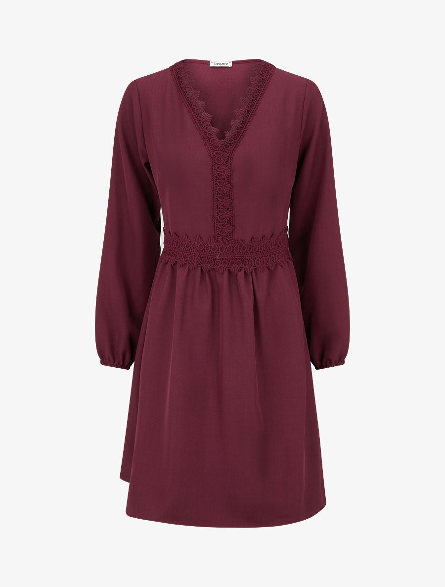 Robe évasée unie à manches longues et dentelle - Lie de vin - 1