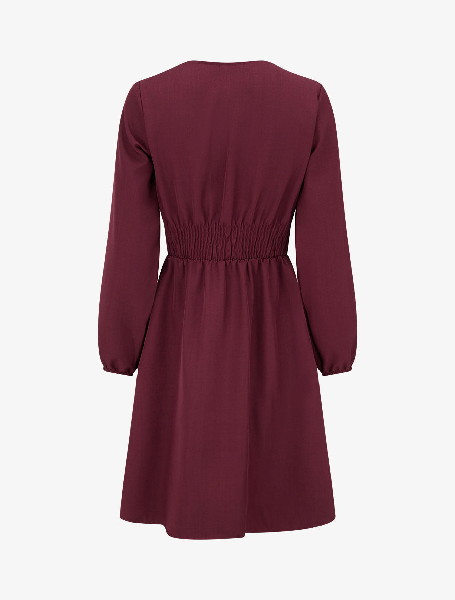 Robe évasée unie à manches longues et dentelle - Lie de vin - 2