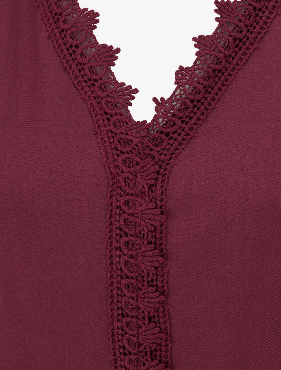 Robe évasée unie à manches longues et dentelle - Lie de vin - 3