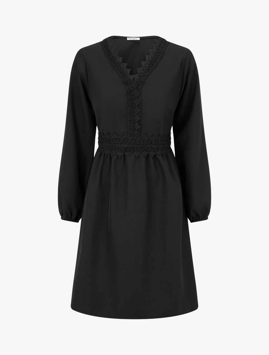 Robe évasée unie à manches longues et dentelle - Noir - 1