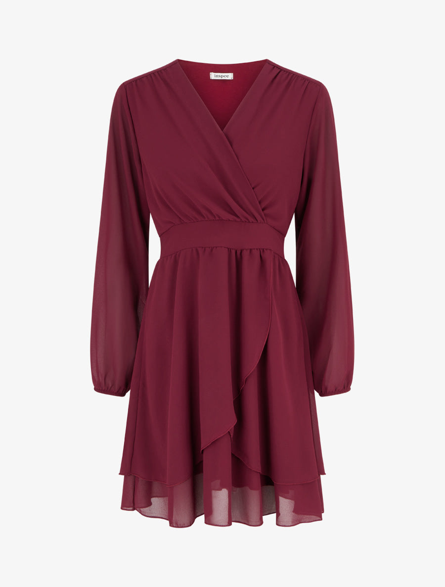Robe unie style portefeuille à manches longues - Lie de vin - 1